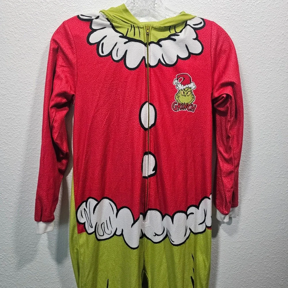 Dr Seuss The Grinch Kids Hooded Union Suit Red Green Fleece Pajamas L 10/12
